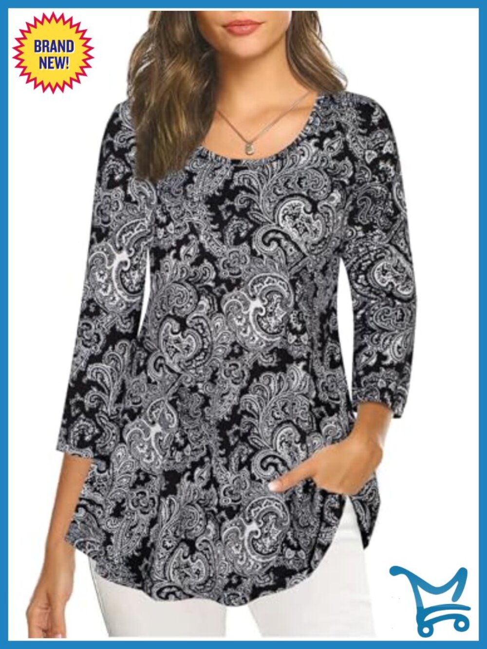Womens Floral Tunic Top 3/4 Sleeve Scoop Neck Loose Fit Rayon Blend Blouse